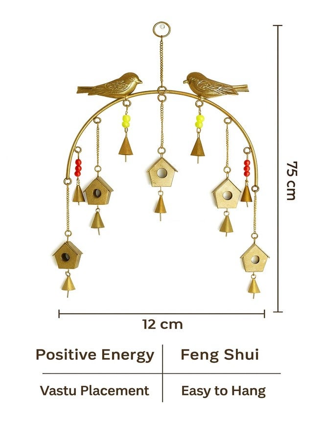 Crafties Art Golden Metal Wind Chimes Wall Hanging | Rustic Feng Shui Birdhouse Design for Positive Energy, Vastu & Home Decoration - Balcony, Bedroom, Living Room, Big Size Diwali Gift - Image 3